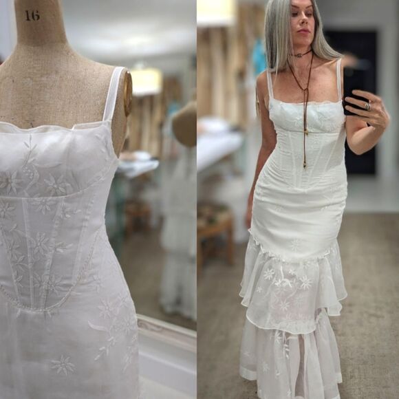 Custom Vintage Organdy Floral Embroidered Wedding Dress - Picture 7 of 16